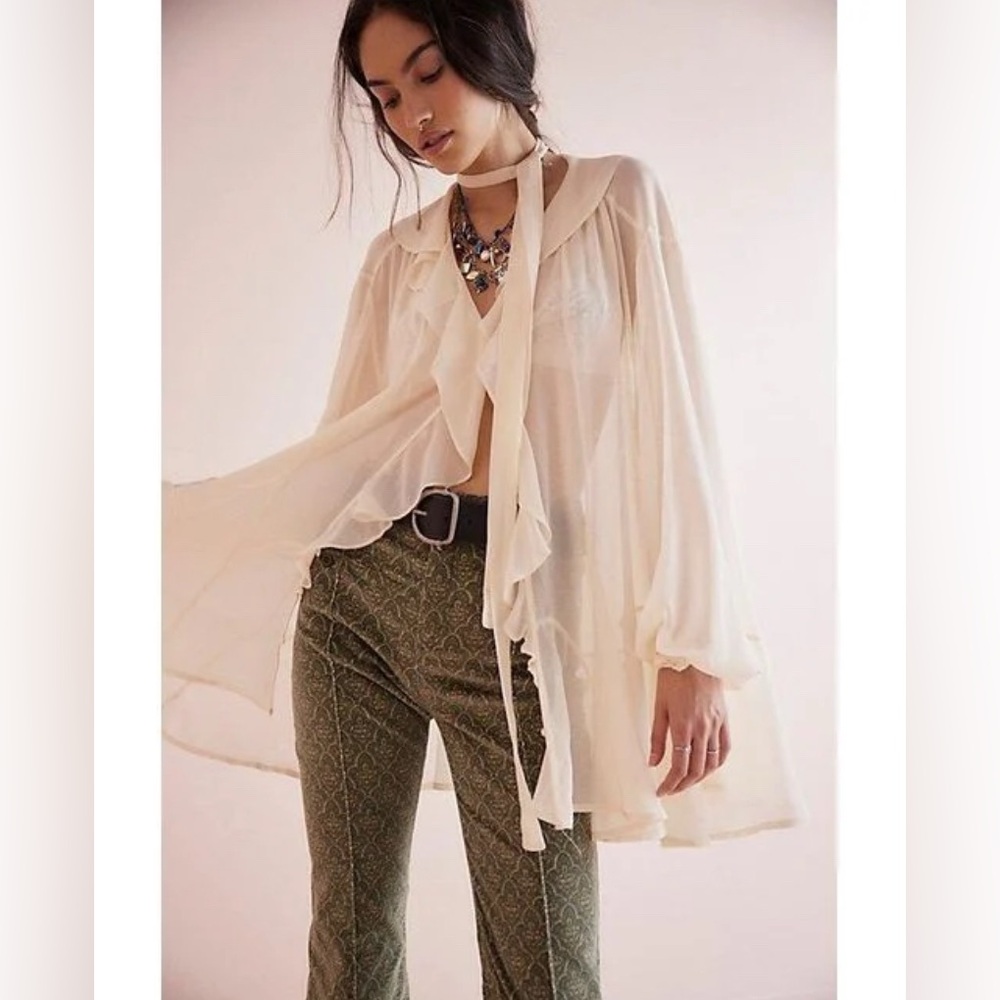 Free People Sheer Ruffle Tie-Neck Blouse in Cream